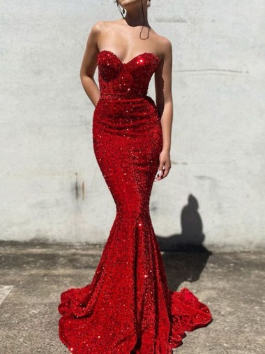 Bordeaux Sirène Traîne moyenne Paillettes Velours Longue Robes de bal