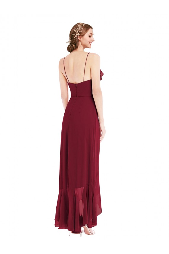 Bordeaux Trapèze Bretelles spaghetti Col V Mousseline Longue Asymétrique Robes demoiselle d'honneur