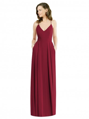 Bordeaux Trapèze Bretelles spaghetti Col V Mousseline Longue Robes demoiselle d'honneur