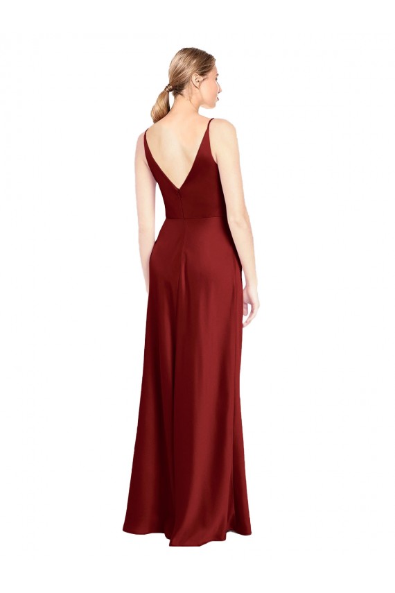 Bordeaux Trapèze Bretelles spaghetti Col V Satiné Stretch Longue Formelles Robes demoiselle d'honneur / Robes de soirée / Robes de bal