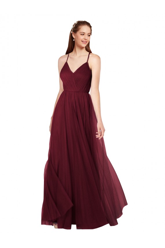 Bordeaux Trapèze Bretelles spaghetti Col V Tulle Longue Robes demoiselle d'honneur