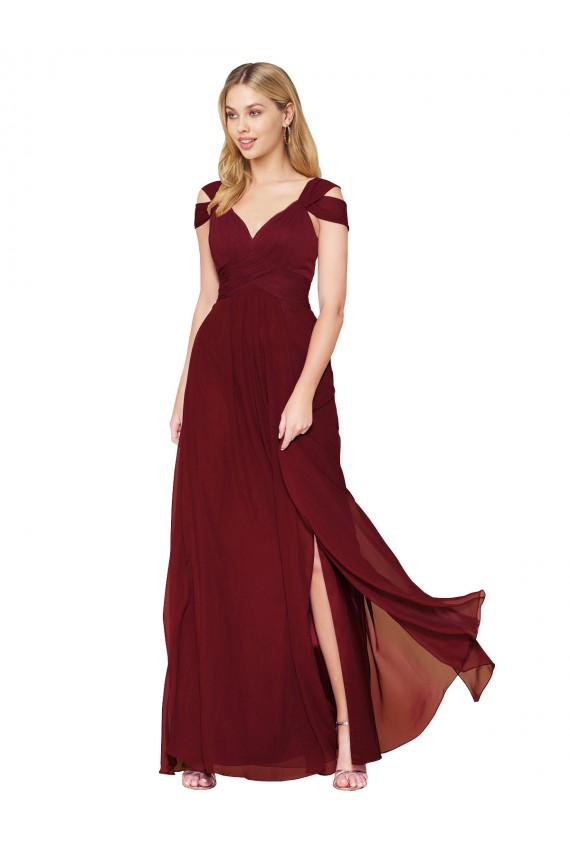 Bordeaux Trapèze Col Haut Mousseline Longue Formelles Robes demoiselle d'honneur / Robes de soirée / Robes de bal