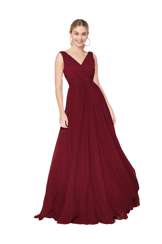 Bordeaux Trapèze Col V Mousseline Longue Formelles Robes demoiselle d'honneur / Robes de soirée / Robes de bal