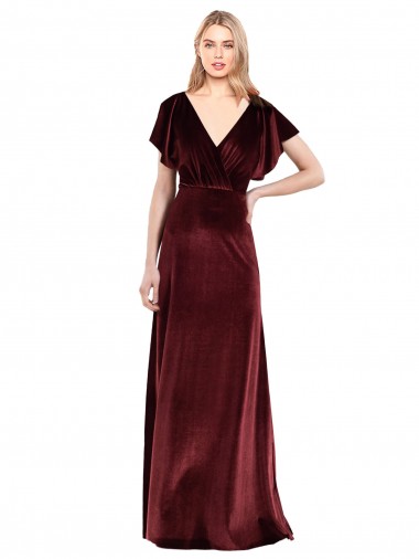 Bordeaux Trapèze Col V Velours Stretch Longue Robes demoiselle d'honneur / Robes de bal
