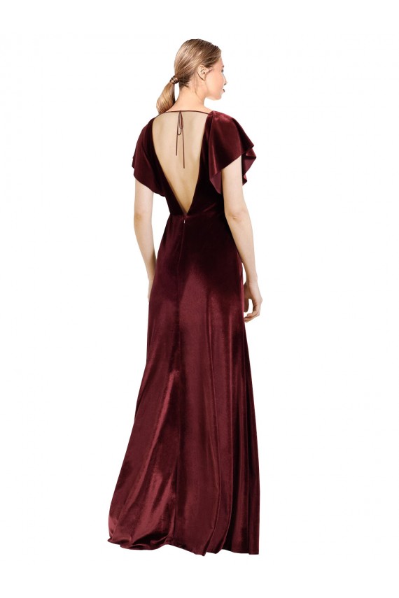 Bordeaux Trapèze Col V Velours Stretch Longue Robes demoiselle d'honneur / Robes de bal