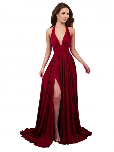 Bordeaux Trapèze Licou Col V Spandex Longue Formelles Robes demoiselle d'honneur / Robes de soirée / Robes de bal