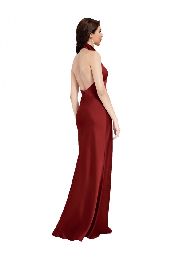 Bordeaux Trapèze Licou Satiné Stretch Longue Formelles Robes demoiselle d'honneur / Robes de soirée / Robes de bal