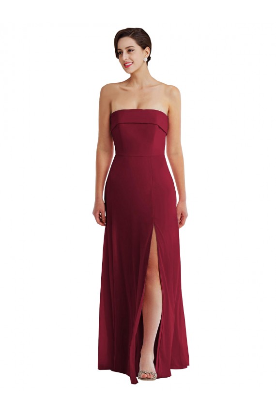 Bordeaux Trapèze Sans bretelle Mousseline Longue Formelles Robes demoiselle d'honneur / Robes de soirée