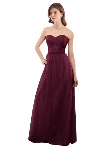 Bordeaux Trapèze Sans bretelle Tulle Longue Robes demoiselle d'honneur