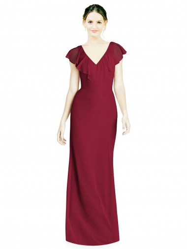 Bordeaux Trompette Col V Mousseline Longue Robes demoiselle d'honneur