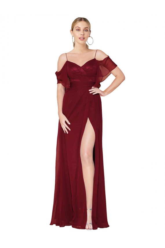 Bordeaux Trompette Épaule Dénudée Mousseline Longue Formelles Robes demoiselle d'honneur / Robes de soirée / Robes de bal