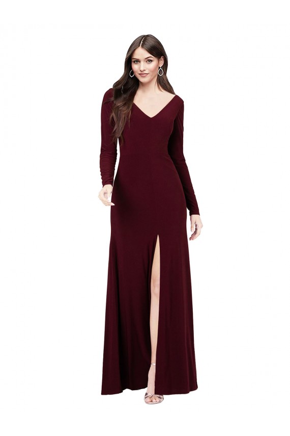 Bordeaux foncé Fourreau Col V Spandex Longue Robes demoiselle d'honneur / Robes de bal