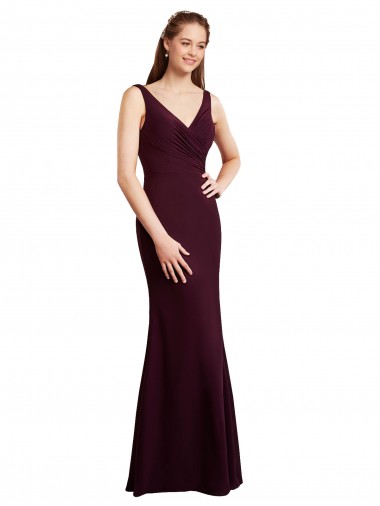 Bordeaux foncé Sirène Col V Mousseline Longue Robes demoiselle d'honneur