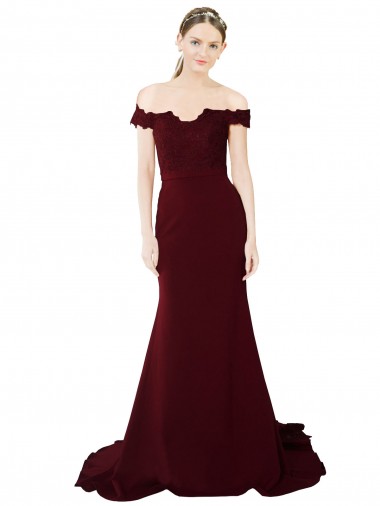 Bordeaux foncé Sirène Épaule Dénudée Balayage train Crêpe Stretch Dentelle Longue Formelles Robes demoiselle d'honneur / Robes de soirée / Robes de bal