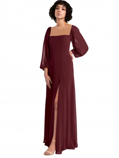Bordeaux foncé Trapèze Col Carré Mousseline Longue Robes demoiselle d'honneur