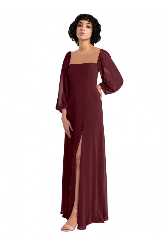 Bordeaux foncé Trapèze Col Carré Mousseline Longue Robes demoiselle d'honneur