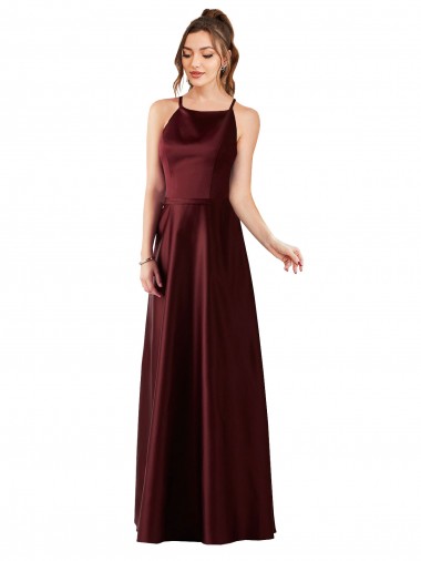 Bordeaux foncé Trapèze Licou Satiné Longue Robes demoiselle d'honneur / Robes de bal