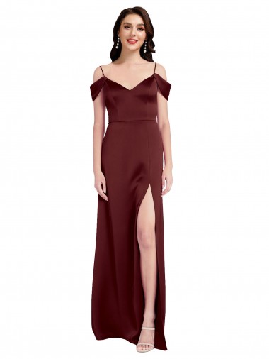 Bordeaux foncé Trapèze Épaule Dénudée Col V Satiné Stretch Longue Formelles Robes demoiselle d'honneur / Robes de soirée / Robes de bal
