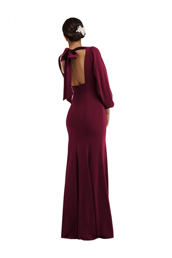 Bordeaux foncé Trompette Bateau Crêpe Stretch Longue Formelles Robes demoiselle d'honneur / Robes de soirée / Robes de bal
