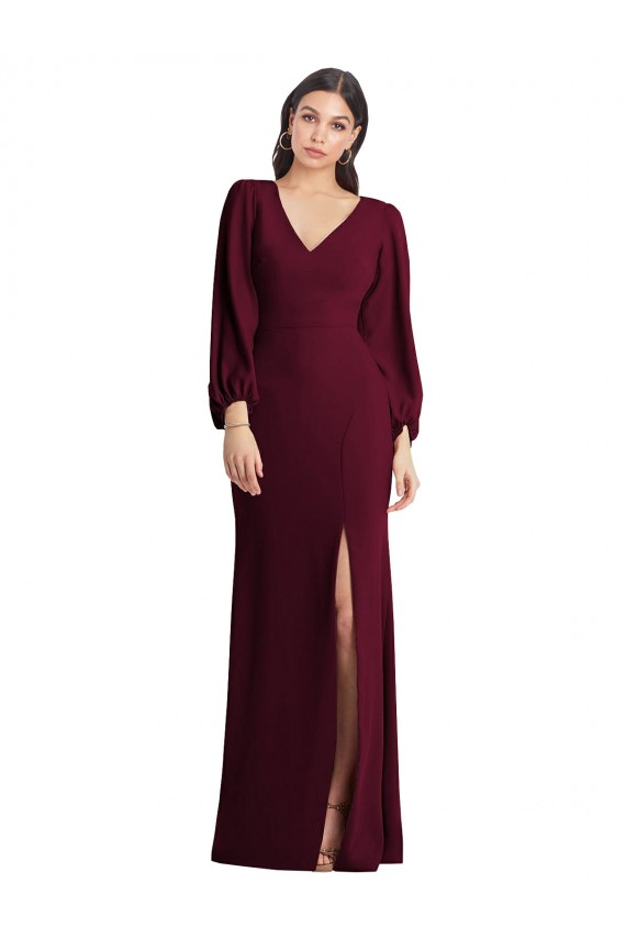 Bordeaux foncé Trompette Col V Crêpe Stretch Longue Robes demoiselle d'honneur / Robes de bal