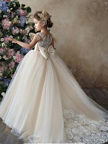 Champagne Princesse Tulle Dentelle Longue Robes de demoiselle d'honneur - fillette