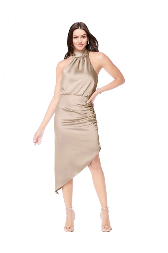 Champagne Rose Trapèze Licou midi Satiné Soyeux Courte Asymétrique Robes demoiselle d'honneur / Robes de bal / Robes de cocktail