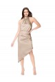 Champagne Rose Trapèze Licou midi Satiné Soyeux Courte Asymétrique Robes demoiselle d'honneur / Robes de bal / Robes de cocktail