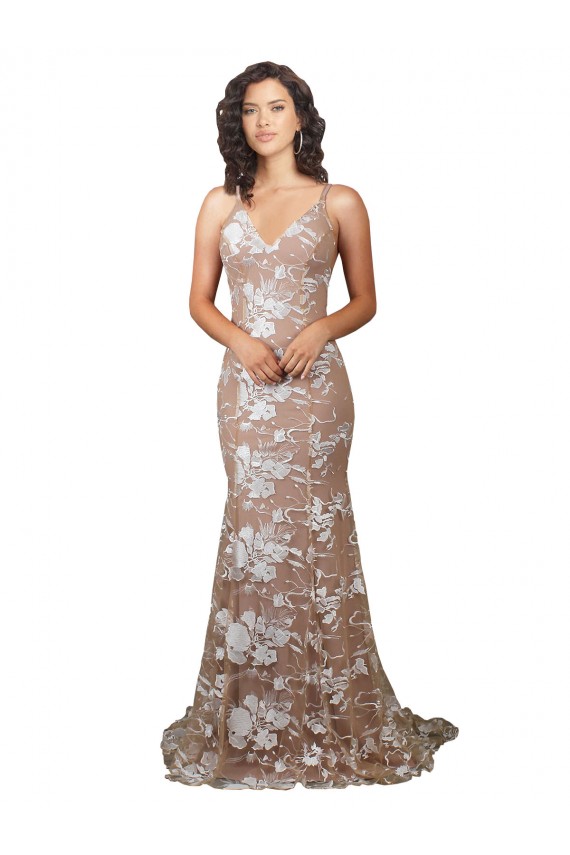 Champagne Sirène Col V Balayage train Dentelle Robes de mariée