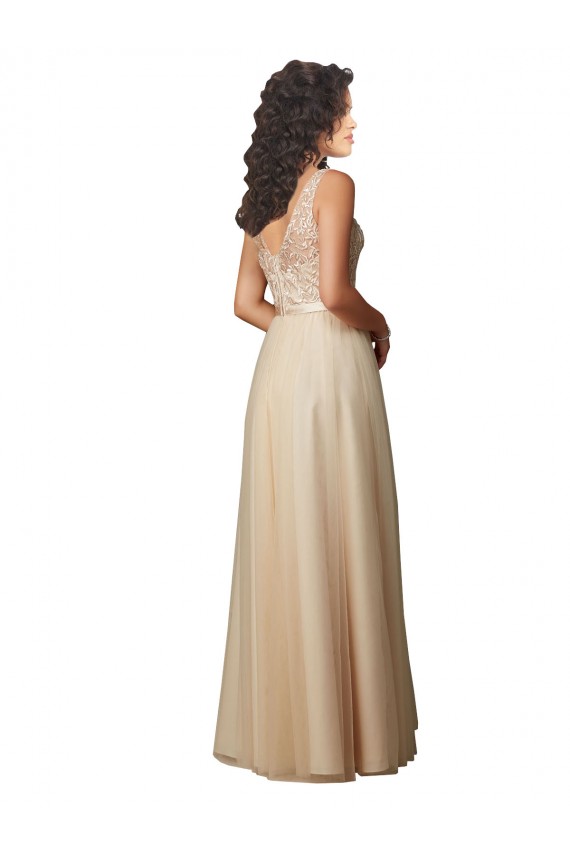 Champagne Trapèze Col V Tulle Dentelle Longue Robes demoiselle d'honneur