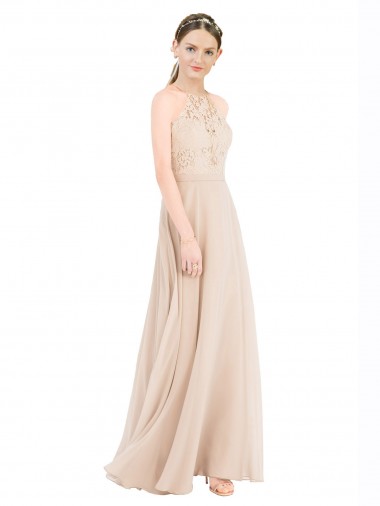 Champagne Trapèze Licou Col Haut Mousseline Dentelle Longue Robes demoiselle d'honneur / Robes de bal
