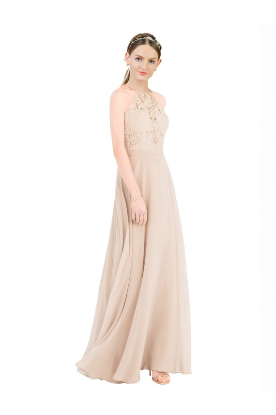 Champagne Trapèze Licou Col Haut Mousseline Dentelle Longue Robes demoiselle d'honneur / Robes de bal
