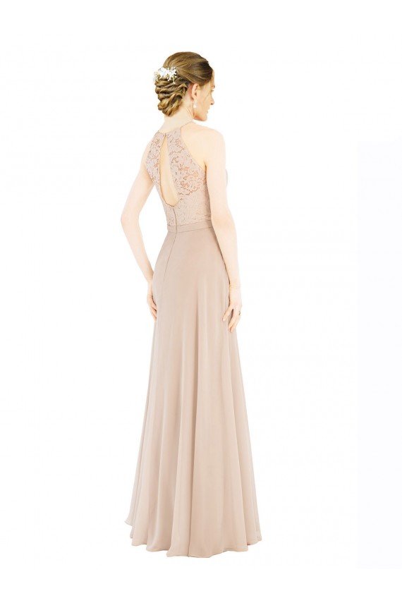 Champagne Trapèze Licou Col Haut Mousseline Dentelle Longue Robes demoiselle d'honneur / Robes de bal