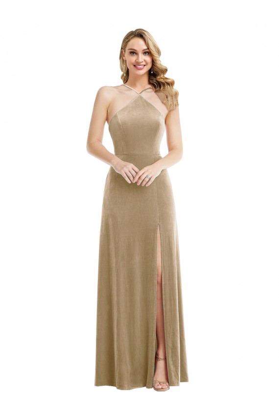 Champagne Trapèze Licou Col Haut Velours Stretch Longue Robes demoiselle d'honneur / Robes de bal
