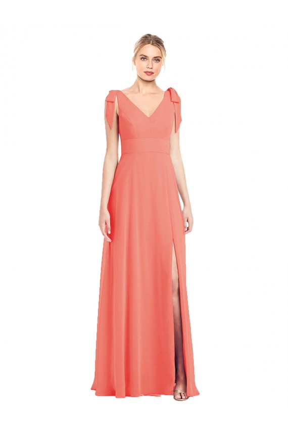 Corail Trompette Col V Mousseline Longue Robes demoiselle d'honneur