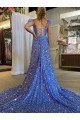 Couleur affichée Trapèze Col V Traîne moyenne Paillettes Velours Longue Robes de bal