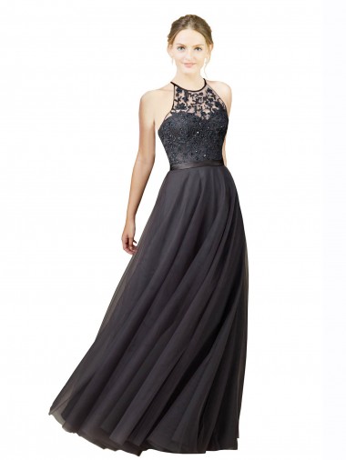 Gris ardoise Trapèze Tulle Dentelle Longue Robes demoiselle d'honneur