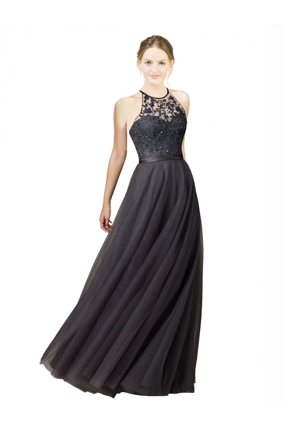 Gris ardoise Trapèze Tulle Dentelle Longue Robes demoiselle d'honneur