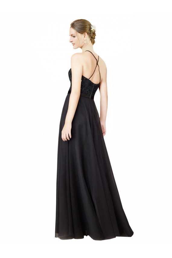 Gris ardoise Trapèze Tulle Dentelle Longue Robes demoiselle d'honneur