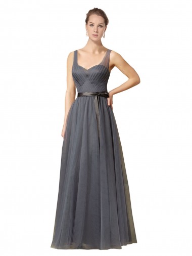 Gris ardoise Trapèze Tulle Longue Robes demoiselle d'honneur