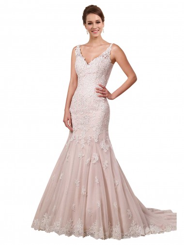 Ivoire & Blush Sirène Col V Tulle Dentelle Robes de mariée
