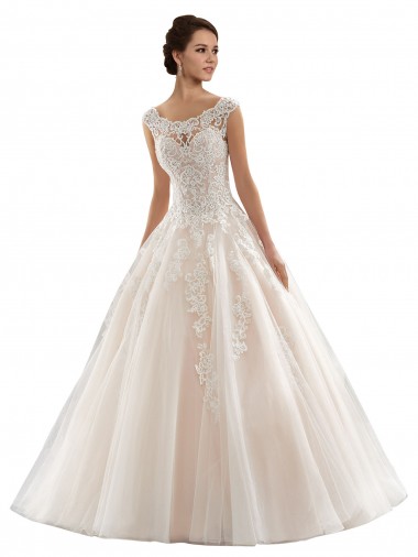 Ivoire & Champagne Princesse Bateau Tulle Dentelle Robes de mariée