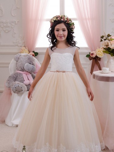 Ivoire & Champagne Princesse Tulle Dentelle Longue Robes de demoiselle d'honneur - fillette