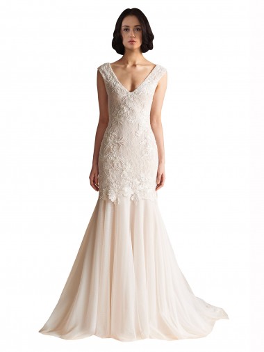 Ivoire & Champagne Sirène Col V Balayage train Tulle Robes de mariée