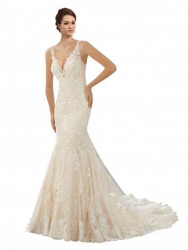 Ivoire & Champagne Sirène Col V Dentelle Robes de mariée