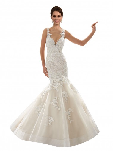 Ivoire & Champagne Sirène Col V Tulle Dentelle Classique Robes de mariée