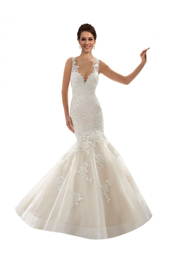 Ivoire & Champagne Sirène Col V Tulle Dentelle Classique Robes de mariée