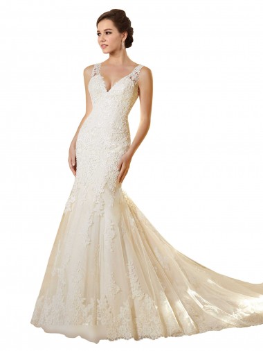 Ivoire & Champagne Sirène Col V Tulle Dentelle Robes de mariée