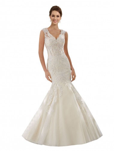 Ivoire & Champagne Sirène Col V Tulle Dentelle Robes de mariée