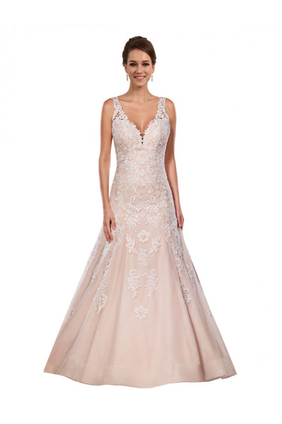 Ivoire & Champagne Trapèze Col V Dentelle Classique Robes de mariée