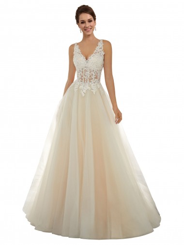 Ivoire & Champagne Trapèze Col V Tulle Dentelle Classique Robes de mariée
